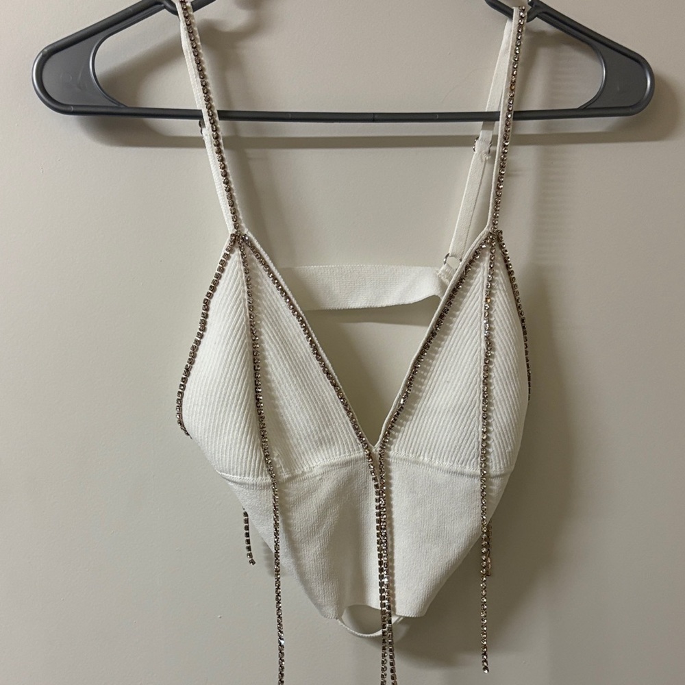 Bershka Ivory Beaded Strap Top
